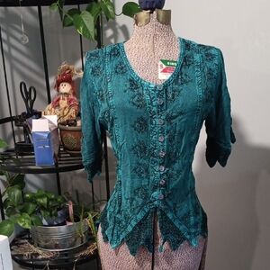 Chic Teal Button-Up Blouse with Lace Detail